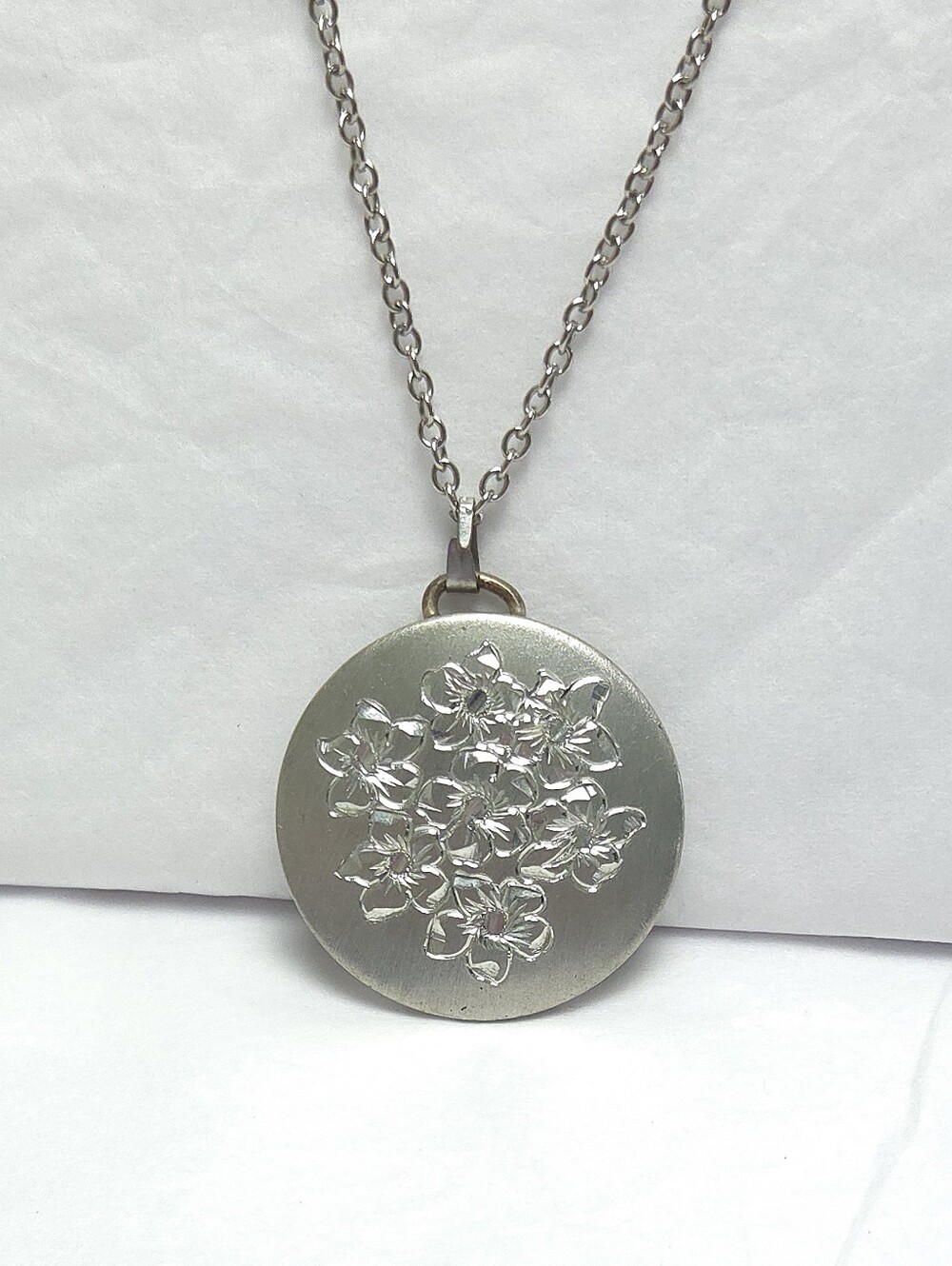 Vintage Hand Engraved Pewter Flower Pendant Necklace by Lighthouse Pewter 18"